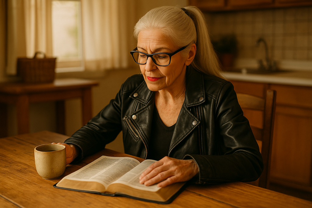 Older woman with silver ponytail and coffee reading the Bible at a wooden table, representing faith-based content on Jesus and Sass.