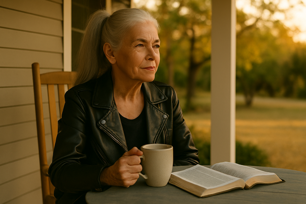 Older woman with silver ponytail, leather jacket, coffee, and Bible sitting on a porch at sunset, representing faith-based encouragement on Jesus and Sass.
