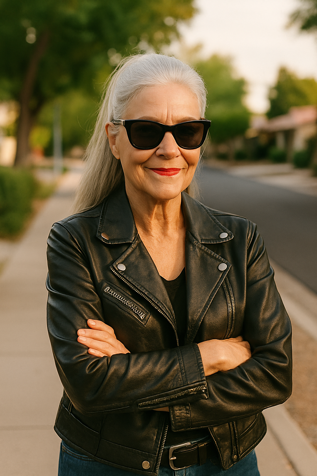 Confident older woman with silver ponytail, black leather jacket, sunglasses, and a smirk standing on a suburban street for
Jesus-centered blog by Granny G homepage.