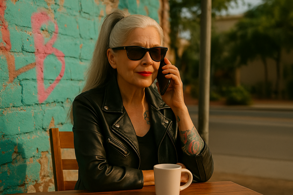 Older woman with silver ponytail, leather jacket, coffee, and phone outdoors, representing real-life faith-based encouragement on Jesus and Sass.