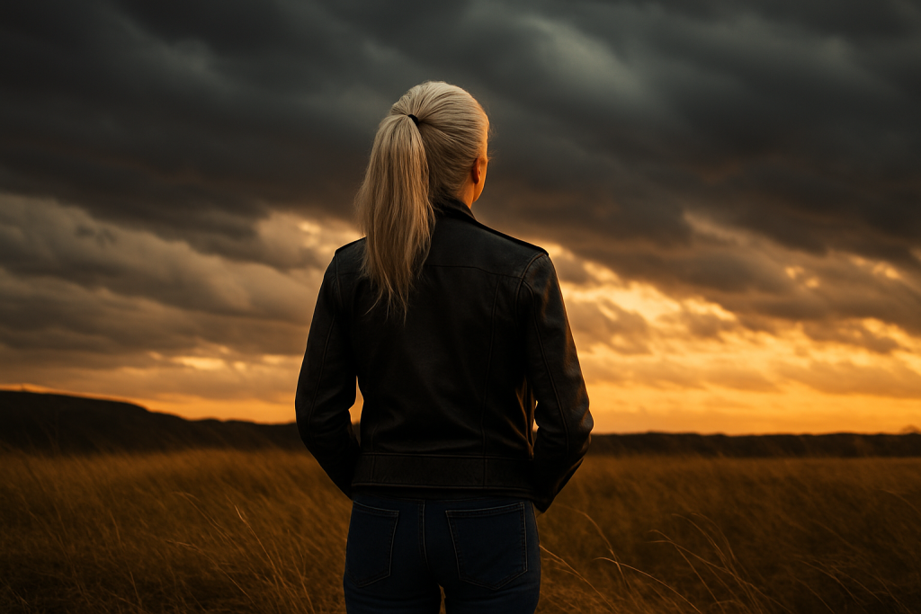 Older woman standing strong in a windswept field under stormy skies, symbolizing bold Christian faith that endures life’s struggles.