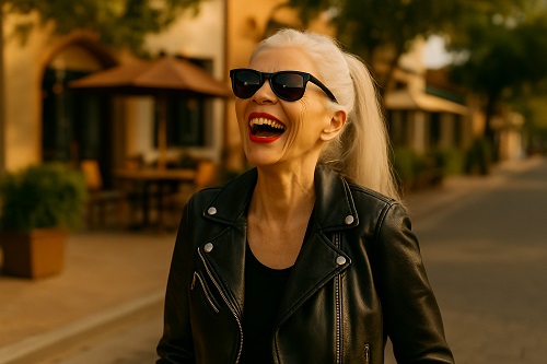 Older woman with long silver hair in a leather jacket, laughing outdoors in natural daylight. Represents Christian encouragement with boldness, joy, and sass.