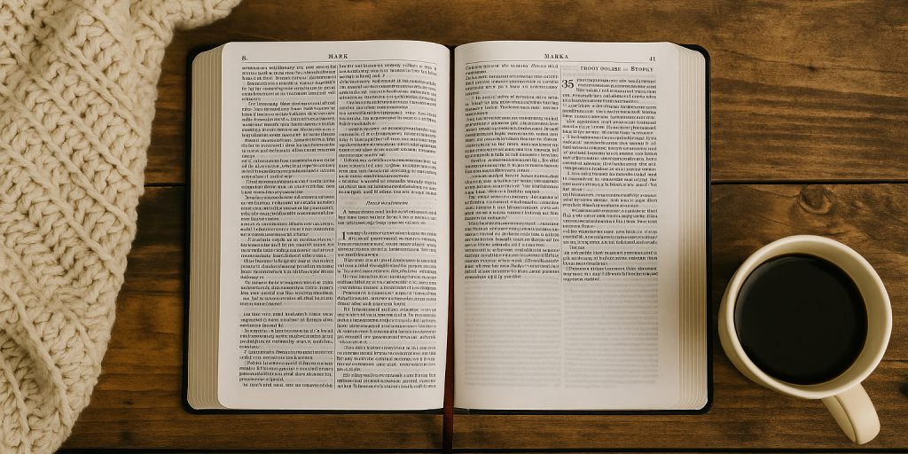 Open Bible with a coffee mug in warm light, symbolizing daily peace through scripture.