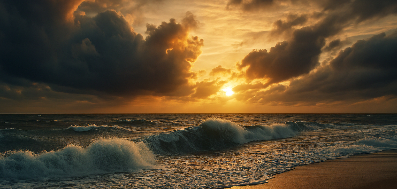 Stormy sea with sunlight breaking through, symbolizing Jesus calming life’s storms.
