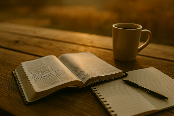 Open Bible on a rustic wooden table with a notebook and coffee mug in warm daylight, symbolizing Christian reflection and timeless truth.