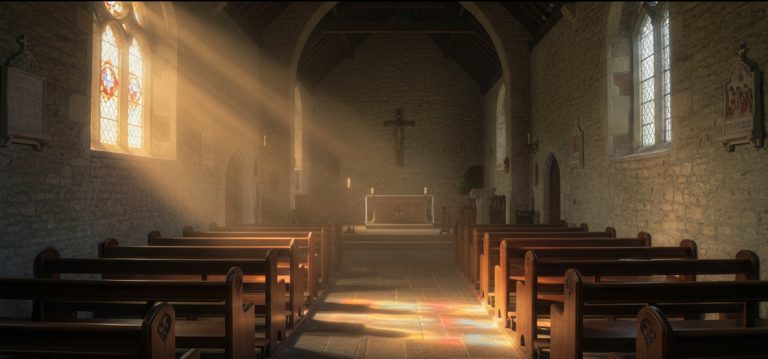 Quiet church pews with sunlight symbolizing waiting on God