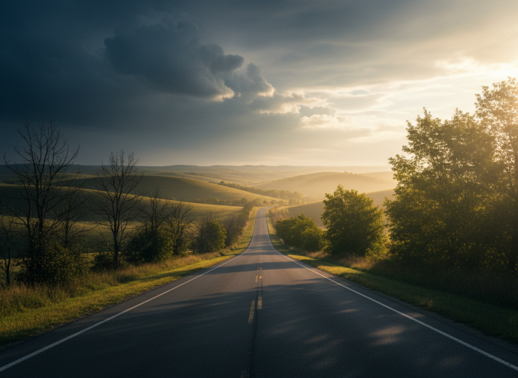 Winding country road with light and shadow, symbolizing seasons and wisdom from Ecclesiastes in the Bible.
