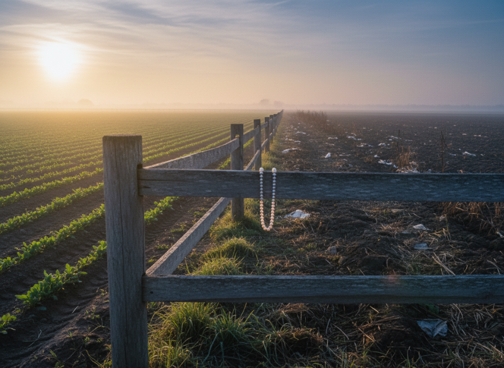 Pearls resting on a wooden fence separating light and shadow, symbolizing wisdom and discernment from Matthew 7:6.
