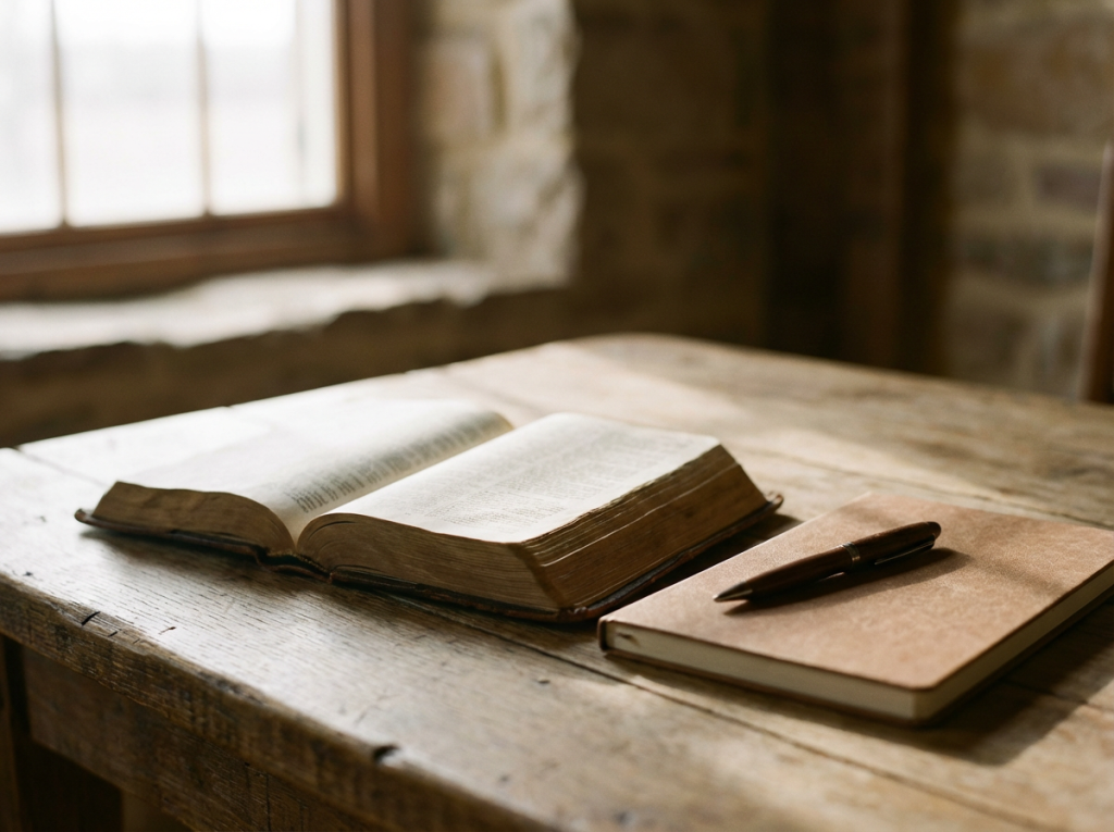 Bible and simple journal in soft morning light, symbolizing asking God for wisdom (James 1:5).
