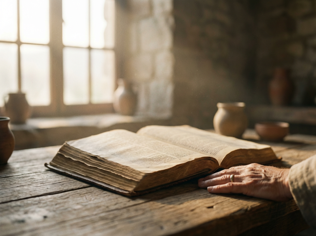 Open KJV Bible in warm light with a hand resting near the page, symbolizing guarding the heart (Proverbs 4:23).
