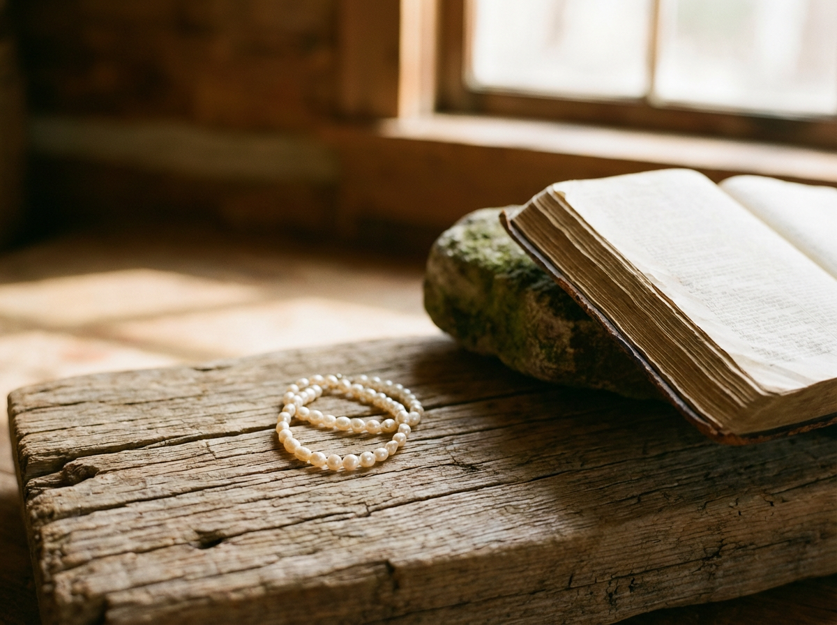 Pearls beside an open KJV Bible in warm light, symbolizing discernment in Matthew 7:6.