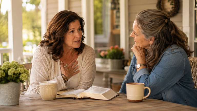 Two Christian women supporting one another beside an open Bible, representing Galatians 6:2 KJV.
