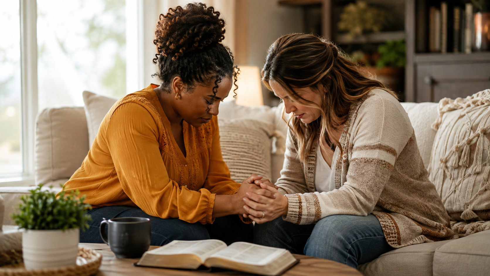 Two Christian friends praying together and supporting one another through a difficult season.