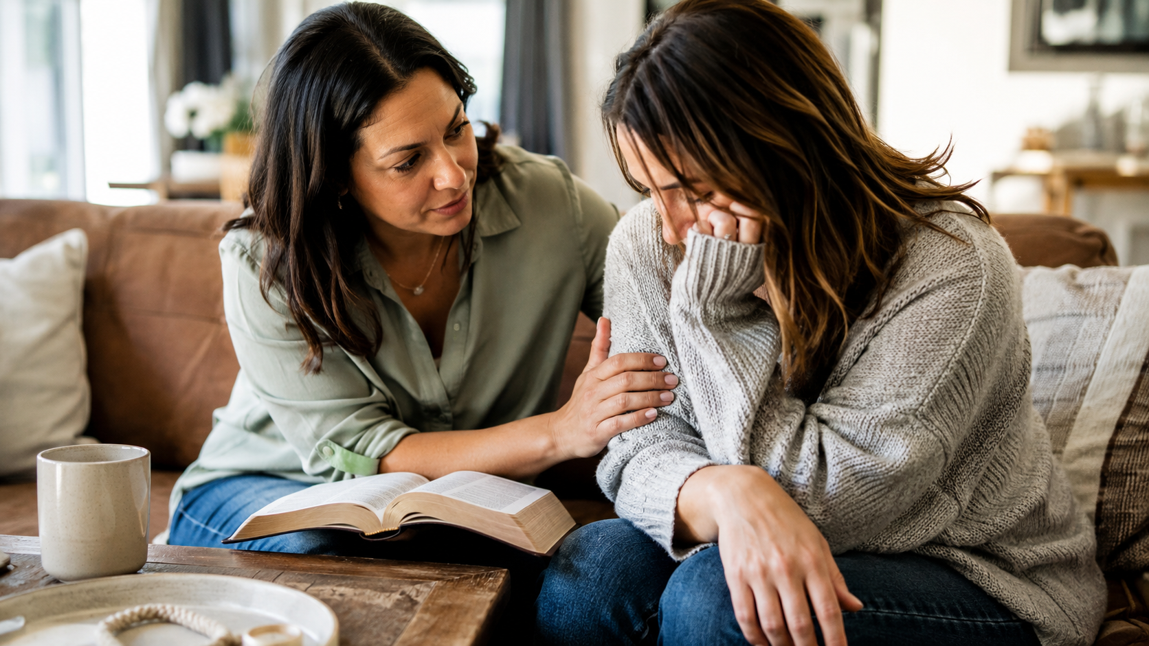 Christian woman comforting a friend, illustrating bearing one another’s burdens in Galatians 6:2.